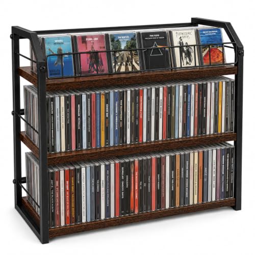 3-Tier CD Storage Rack, CD Holder Tower Holds 123 CDs with Display Top Shelf, Metal and Wood CD Organizer Stand for Standard Jewel Cases, Compact Desktop CD Shelf for Home Office