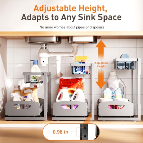 Under Kitchen Sink Organizer, Metal Pull Out Bathroom Organizers and Storage, 2-Tier Cabinet Organizer Shelf with Sliding Drawer, Home Organization for Kitchen, Laundry, Pantry, Light Grey, 2 pack - view 5