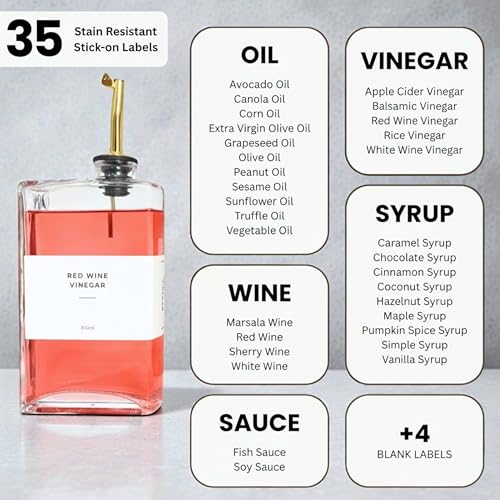 The Oil Library | Glass Oil & Vinegar Bottles with 100% Acacia Wood Stand | 4 Containers, 5 Gold Nozzles & 35 Stain-Resistant Labels | Countertop Display Set - view 7