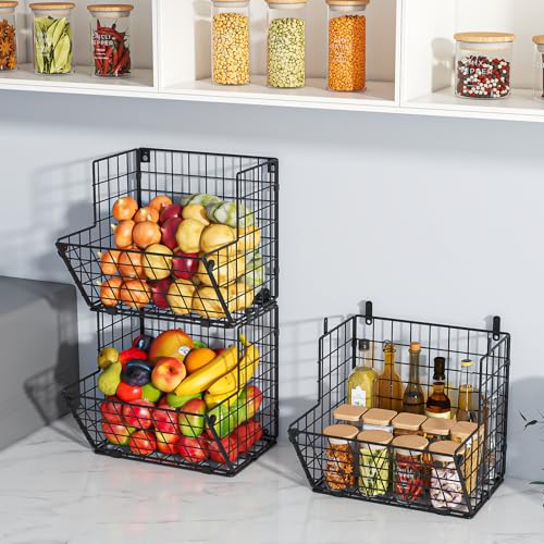 Metal Wire Basket Wall Mount, 3 Tier Wall Storage Organizer with 5 S Hooks, Kitchen Fruits and Vegetables Bin Toys Organizer Hanging Basket Black (S (10.83" L x 10.63" W x 30" H)) - view 3