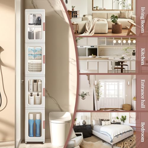 Narrow Storage Cabinet with Doors and Shelves Tall Skinny Bathroom Storage Kitchen Cabinet with Adjustable Shelf Cabinet Organizer Toilet Paper Storage Linen Closet 4 Layer (White) - view 4