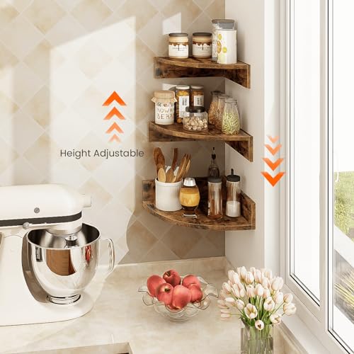 Corner Shelf Wall Mount, Set of 3 Floating Corner Shelves with Cord Hole, 3 Tier Wood Wall Display Shelf, Storage for Bathroom Living Room Kitchen Bedroom, Rustic Brown and Black - view 6