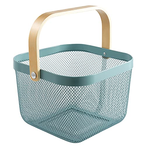 Metal Mesh Steel Basket, Storage Organizer Basket Multi-functional Hanging Kitchen Baskets Fruit Basket Bin with Bamboo Handle for Kitchen Bathroom Picnic Shopping Decor Cabinet Home, Blue