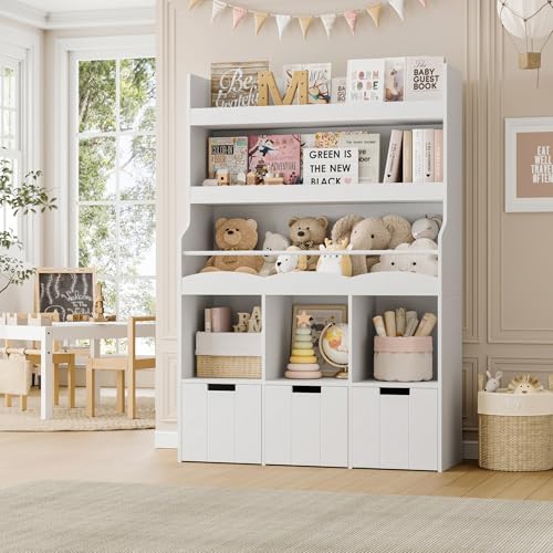 Toy Storage Organizer w/Bookshelf & Stuffed Animal Organizer, White