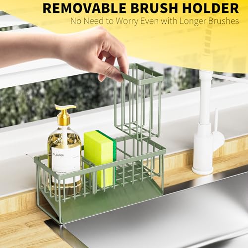 Kitchen Sink Caddy, Sponge Holder for Kitchen Sink, Kitchen Sink Organzier and Storage with High Brush Holder, 304 Stainless Gadgets Sink Accessories, Organizadores de Cocina Sage Green - view 4