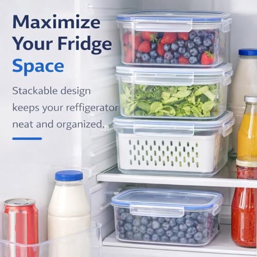 Food Storage Containers for Fridge, 4 in 1 Preservation System Household Transparent Plastic Food Storage Box-Including Drain Basket, For Vegetable and Berry, Kitchen Organizer(Three-piece set) - view 6