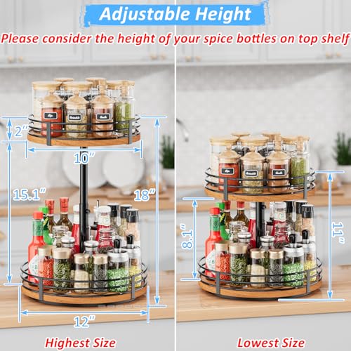 Lazy Susan Turntable Organizer Adjustable - 2 Tier Wood Rotating Spice Rack 12 Inch Lazy Susan for Kitchen Countertop Cabinet Pantry Cupboard Dining Table Bathroom Coffee Bar Home Storage - view 3