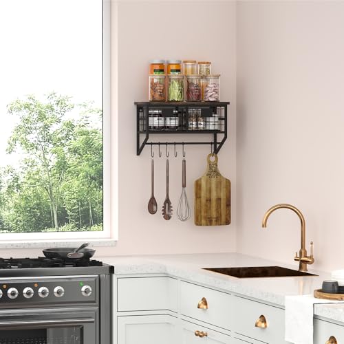 Industrial Wall Mounted Metal Wood Floating Shelves with Baskets Hooks Hanging Display Shelf Sundries Holder for Coffee Bar Kitchen Bathroom Organization and Home Decor, Black (16inch, 1 Set) - view 4