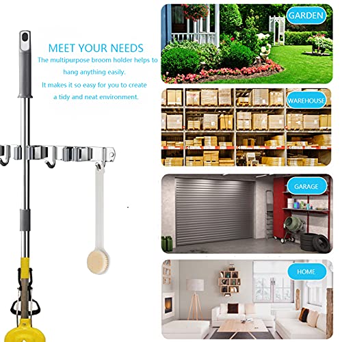 Broom and Mop Holder Wall Mounted, Broom Hanger Storage Rack, Stainless Steel Mop Hanger, Dustpan Holders with 2 Racks and 3 Hooks, Heavy Duty utility hooks for hanging brooms and mops - view 6