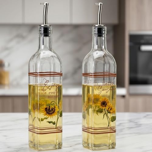 Olive Oil Dispenser Bottles, 17oz Glass Set of 2, Sunflower