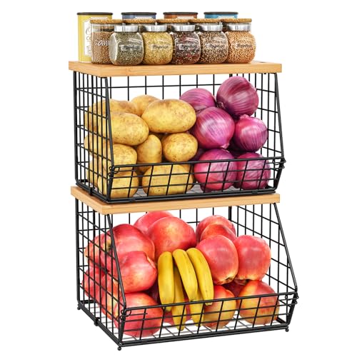 2 Set Stackable Wire Basket with Wooden Tops & Pad for kitchen organizers and storage, XXL Kitchen Counter Organizer for Fruit, Vegetable, Bread, Potato and Onion Storage Bin