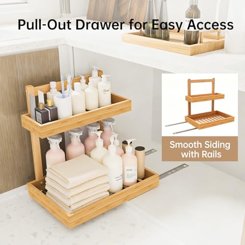 Bamboo Undersink Organizer Storage - 2-Tier Cabinet Shelf with Adjustable Levels, Under Sink Storage Slide Out for Cabinet Pantry Kitchen Bathroom (Natural, 1 Pack) - view 6