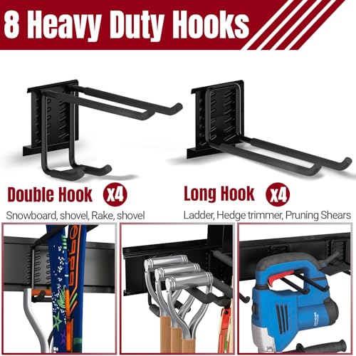 66" Garage Tool Organizer Wall Mount,20 PCS Wall Mounted Garden Tool Storage Rack Carries 720lbs, 4-Panel Steel Tool Hanger System for Shovels Rakes Brooms – Fits 16" Wall Studs - view 7