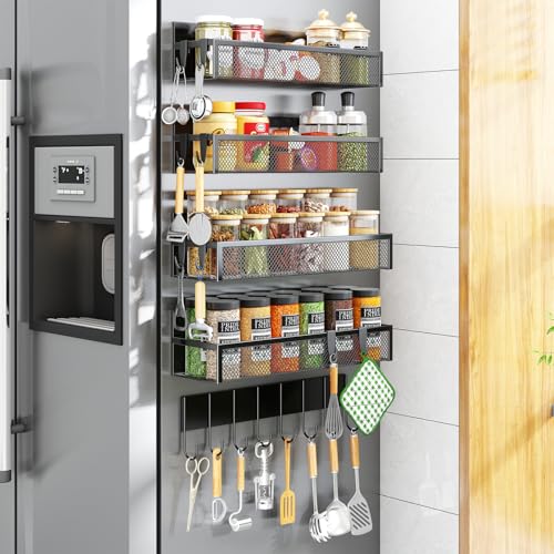 Magnetic Spice Rack for Refrigerator, 2 Pack Magnetic Shelf, Fridge Magnet Organizer with Moveable 4 Hooks, Magnetic Fridge Shelf for Kitchen Organization and Storage (2 Pack) - view 8