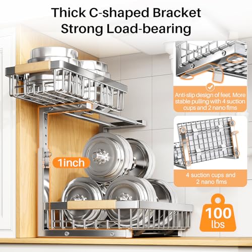 Under Sink Organizer, Adjustable Height, 2 Tier Pull Out Cabinet Organizer, Slide Out Thickened Metal Storage for Kitchen Bathroom Laundry Pantry Cabinet, Stainless Steel, Silver, Large-2-Pack - view 6