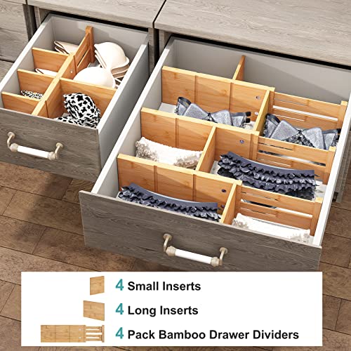 4.4" High Drawer Dividers with Inserts, Bamboo Drawer Dividers for Clothes, Expandable from 12-17.5", Adjustable drawer organizer for Bedroom, Kitchen & Office, 4 Dividers with 8 Insert. - view 3