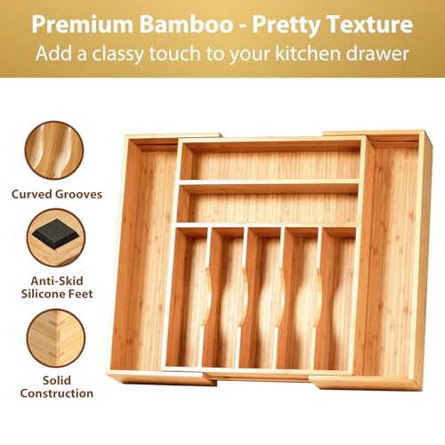 Large Expandable Kitchen Silverware Utensils Drawer Organizer, 2.5" Extra High Adjustable Drawer Divider with Curved Grooves, Bamboo Wood Cutlery Tray Flatware Holder - view 3