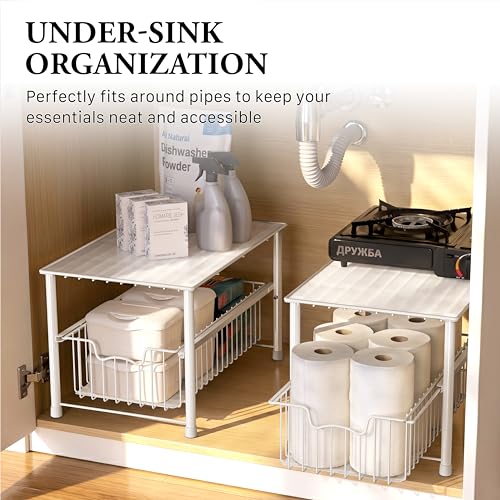 Wired Stackable Under Sink Cabinet Sliding Basket, White - view 6