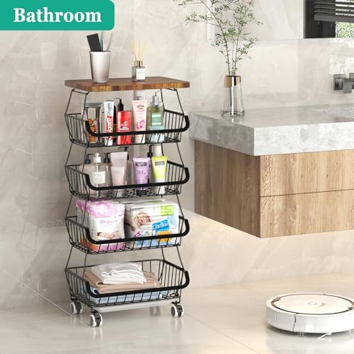Fruit Basket with Wooden Lid for Kitchen, 5-Tier Stackable Wire Fruit Vegetable Storage Basket Organizer Stand on Wheel, Produce Basket Potato Onion Storage Bins Rack Cart for Pantry - view 6