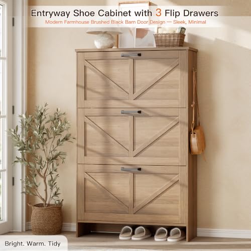 3-Drawer Flip Shoe Storage Tower – Slim-Profile Freestanding Rack with Adjustable 3-Tier Shelving, Rustic Shaker Barn Door Style, and Warm Caramel Finish – Compact Boot & Shoe Organizer - view 3
