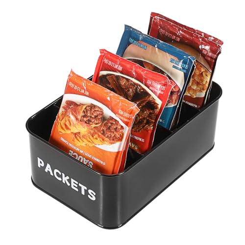 Seasoning Packet Organizer, Food Storage Organizer with Divided 4 Compartments, Metal Storage Caddy for Kitchen Pantry Cabinet, Kitchen Organization Bin for Snacks Spice Packets, Black