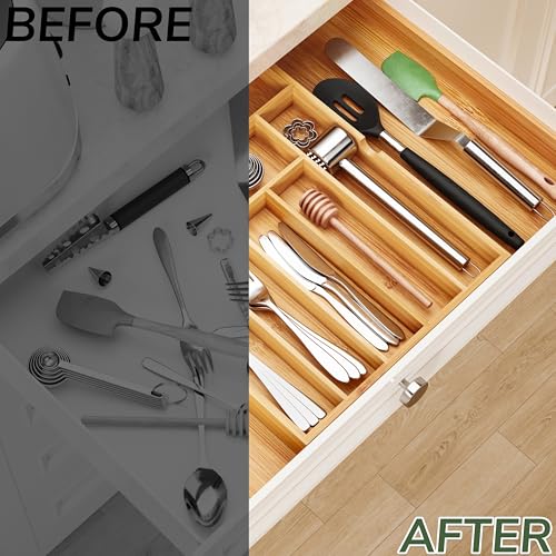 Drawer organizer flatware organizer cutlery tray silverware organizer expandable adjustable bamboo drawer organizer kitchen bathroom - view 6