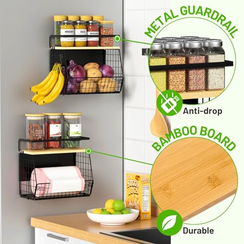 Magnetic Shelf for Fridge with Wood Lid, Fruit Potato and Onion Storage Bins, Pantry Organizers & Storage, Large Container Magnetic Spice Rack for Refrigerator, Kitchen Counter (Black, 1) - view 3