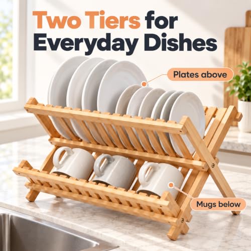 Bamboo Dish Drying Rack - Foldable Dish Rack for Kitchen - Collapsible & Compact Wooden Plate Holder - Eco-Friendly & Functional Wood Dryer Rack for Plates - Space-Saving Storage Organizer - view 2