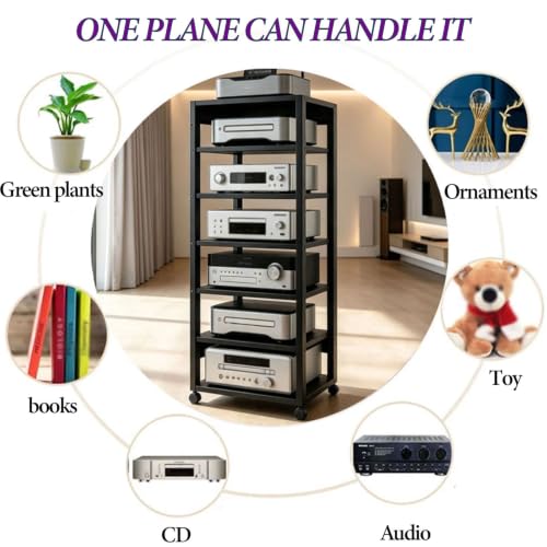 Hi-Fi Rack with Wheels - 7 Shelves Corner TV Stand Sturdy Storage Solution for Home Theater Entertainment System & Media Devices - Modern Design & Easy Mobility - view 5