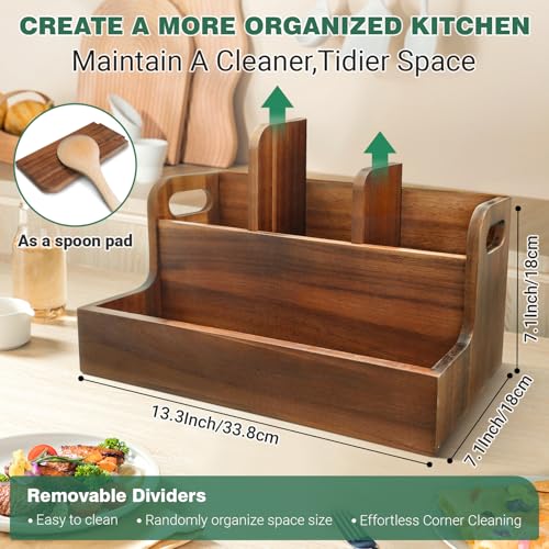 Kitchen Utensil Holder for Countertop with 4 Compartments Acacia Large Utensil Holder Wooden Storage for Cooking,Baking,Flatware Tool Kitchen Utensil Organizer - view 2