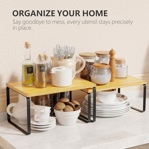Bamboo Cabinet Organizer Shelf, Set of 2 Kitchen Counter Shelves, Stackable Expandable Spice Rack Kitchen Storage, Black and Natural Beige - view 2