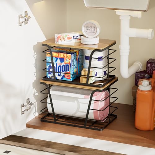 2 Pack Extra Large Pantry Storage Organizers, Pantry Baskets organization, Potato and Onion Storage Bin, Wall Mount Trash Bag Storage for 13-33 Gallon Bags with Bamboo Top, Black - view 6