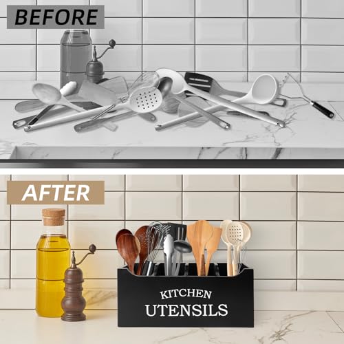 Utensil Holder for Kitchen Counter, Wood Extra Large 4 Compartments Kitchen Utensil Holder with Drainage Bottom for Countertop, Farmhouse Cooking Tools Organizer for Spatula, Black - view 5