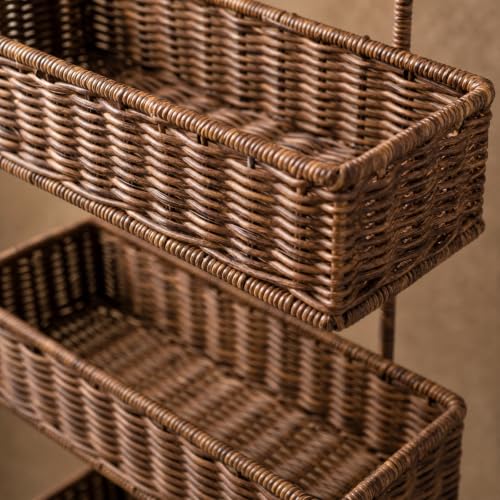 Three-Tier Wall-Mounted Storage Basket Compact PP Hanging Basket with Three Compartments Sturdy Woven-Texture Wall Organizer with Open Baskets, Dark Brown - view 5