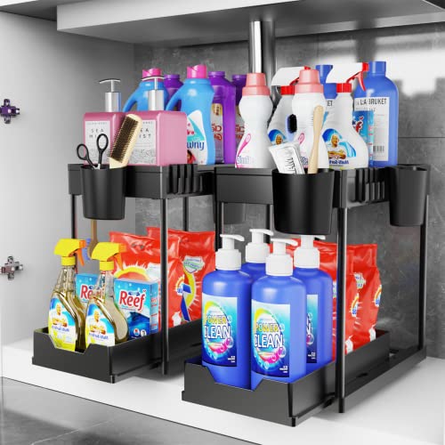 2 Pack Under Sink Organizers and Storage Bathroom, 2 Tier Under Sliding Kicthen Cabinet Basket Organizer with Hooks, Hanging Cup, Dividers, Handles, Multi-purpose Under Sink Shelf Organizer, Black - view 2