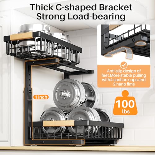 Under Sink Organizer, Adjustable Height, 2 Tier Pull Out Under Cabinet Organizer, Slide Out Thickened Metal Under Sink Storage for Kitchen Bathroom Laundry Pantry Cabinet, Black, Small-2-Pack - view 6