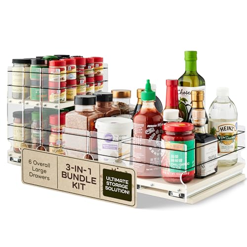 3-in-1 Bundle Kit - Sliding Spice Rack & Pull Out Spice Rack for Inside Cabinets - Cabinet Organizer w/Shelves for Upper Kitchen Cabinets - Pantry Organizers & Storage - Made in USA