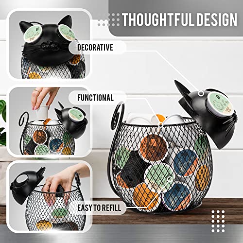 Cat Coffee Pod Holder Basket – Compatible K-Cup Organizer for Countertop Coffee Bar – Cute Kitchen Metal Décor Storage for Keurig Pods, Creamers & Capsules (Black Cat) - view 3