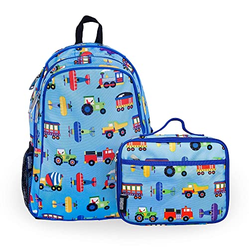 15 Inch Kids Backpack with Lunch Box Bag Bundle - Durable, Lightweight School & Travel Set - Trains, Planes, and Trucks
