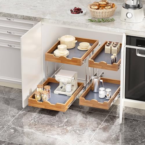 2 Tier Pull Out Cabinet Organizer (17"W x 21"D), Double Tier Slide out Wood Drawer Shelf, Pull Out Shelves for Base Cabinet Organization in Kitchen, Pantry, Bathroom - view 6
