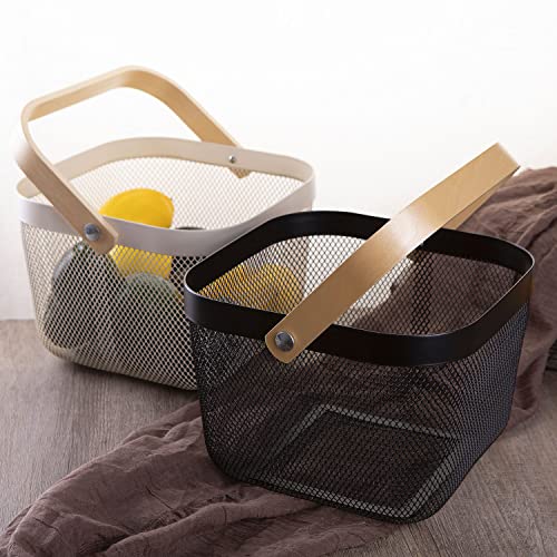 Square Metal Wire Woven Fruit Storage Bowl Basket with Wooden Handle, Large Black Mesh Fruit Stand, Multi-function Hanging Kitchen Baskets (Black, Normal 4PCS) - view 6