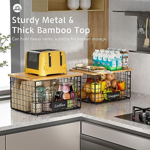 2 Pack Stackable Wire Baskets with Bamboo Top,Pantry Organizers Counter - view 2