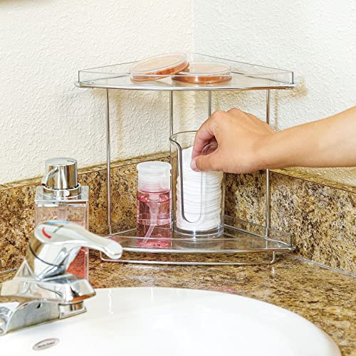 Steel/Plastic Freestanding Countertop Corner Shelf Organizer with 2-Tier Storage for Bathroom, Vanity, Cabinet, Counter - Holds Makeup, Bath Gel - Prism Collection - Clear - view 2