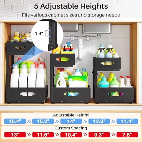 Under Sink Organizer, 2 Pack 2 Tier Pull Out Under Cabinet Organizer Shelf with Pad for Framed Cabinets, Metal Slide Out Under Sink Storage, Mesh Sliding Drawers for Kitchen Bathroom Laundry, Black - view 6