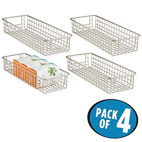 Metal Wire Food Storage Shallow Basket Organizer with Handles for Organizing Kitchen Cabinets, Pantry Shelf, Bathroom, Laundry Room, Closets, Garage - Concerto Collection - 4 Pack - Satin