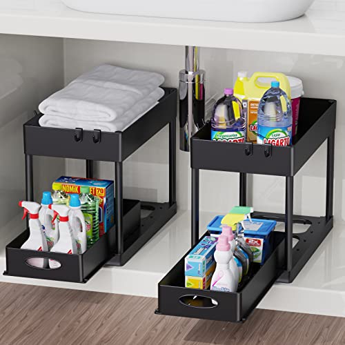 Cucn Under Sink Organizer, 2 Tier Under Sliding Cabinet Basket Organizer Drawer with Hooks, Under Sink Organizers and Storage Under Cabinet Storage for Bathroom Kitchen, Black - view 3