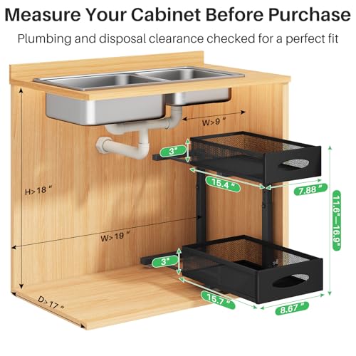 Under Sink Organizer, 2 Pack 2 Tier Pull out Cabinet Organizer Baskets with Mesh Sliding Drawers, Slide out Sink Storage Shelves for Home, Kitchen, Bathroom, Pantry, Office Organizers and Storag,Black - view 2