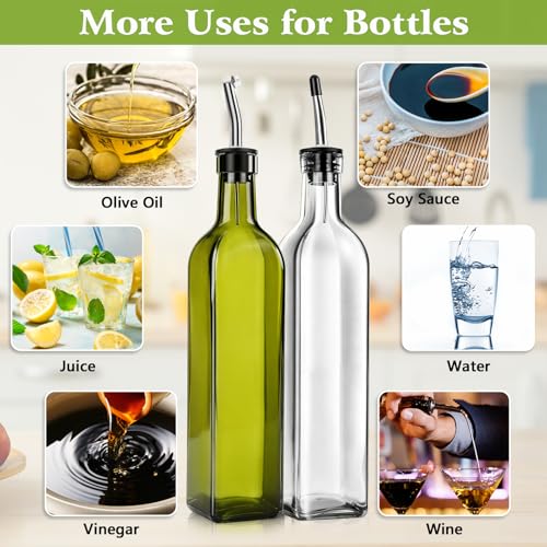 Glass Olive Oil Dispenser Bottle Set of 2, 17oz/500ml Kitchen Oil and Vinegar Cruet with Airtight Stainless Steel Pourer Spout, Funnel & Brush, Cooking Essentials for Salad Dressing (Clear) - view 6