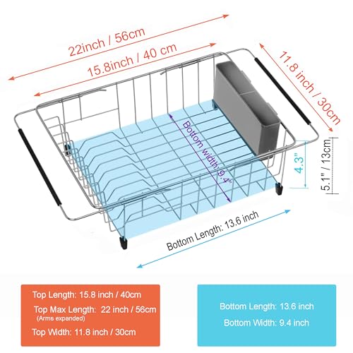 Expandable Multifunctional Dish Drying Rack, Over The Sink, in Sink Or On Counter Dish Drainer Basket Organizer Shelf with Removable Grey Utensil Silverware Holder, Rustproof Stainless Steel - view 2