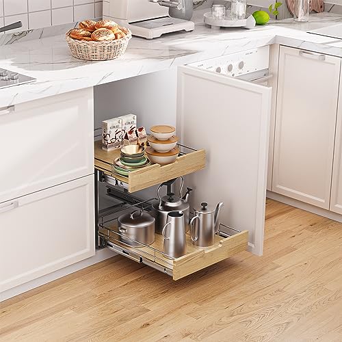 Pull Out Cabinet Organizer,Heavy-Duty Slide Out Shelf, Wood and Wire Basket, Pull Out Drawer for for Kitchen Under Sink Space, Pantry, Bathroom, 2 Tie 14 * 21 in - view 5